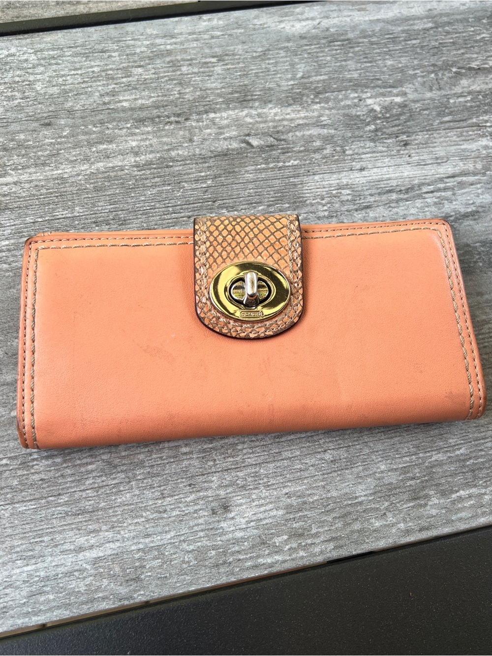 Coach Peach Leather Turn-Lock Wallet with Snakeskin Accent